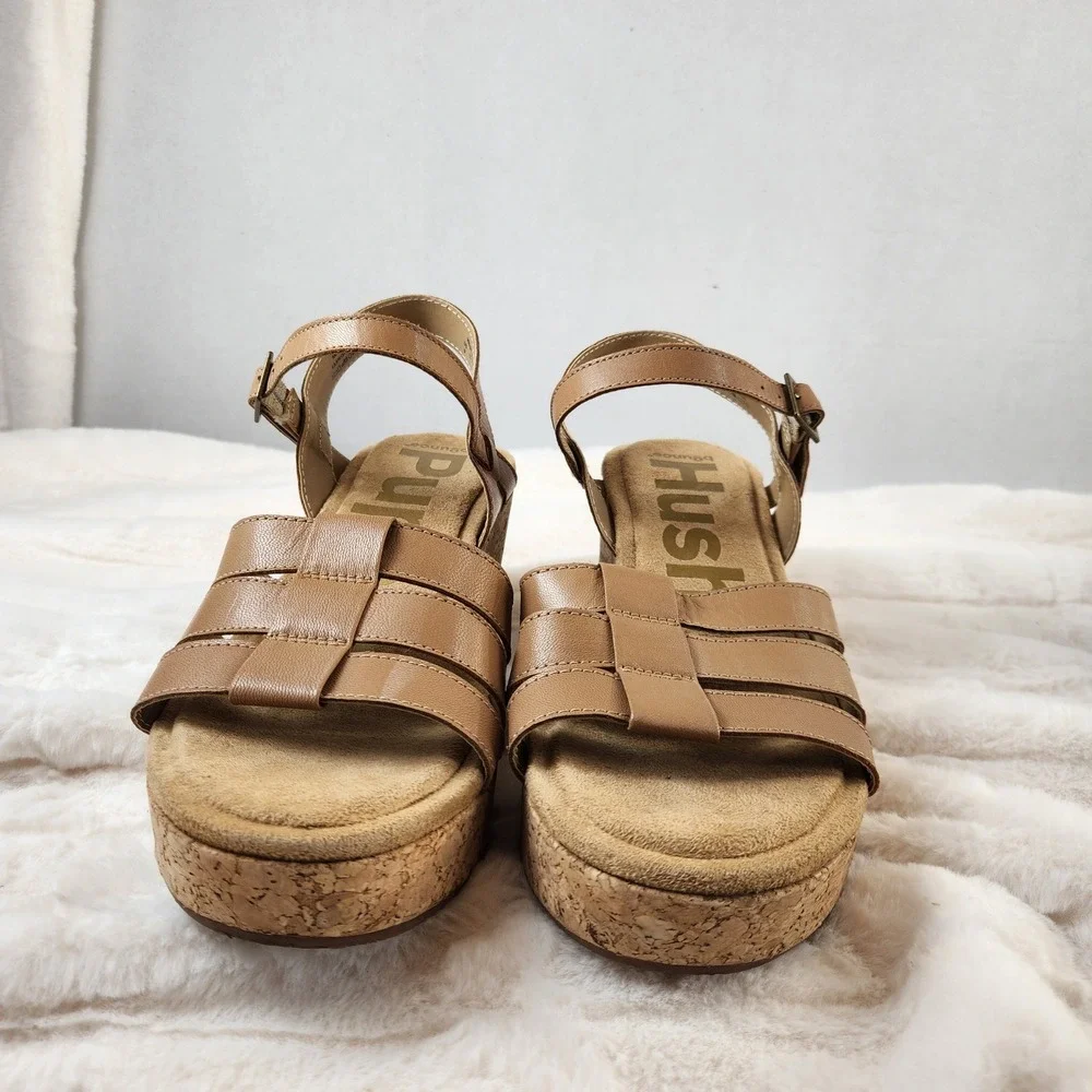 Hush Puppies‎ Womens Tan Leather Cork Platform Wedge Sandals Size 9 Shoe HP61575